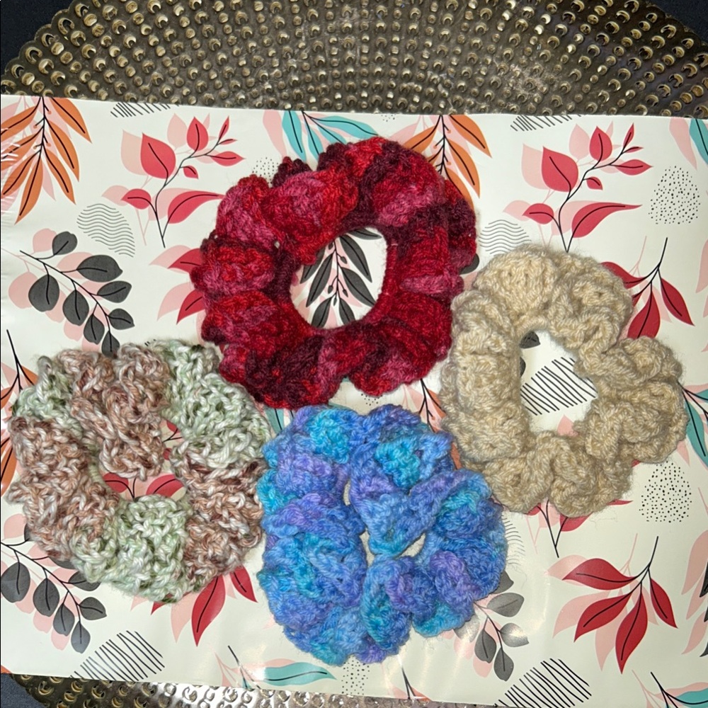 Colorful handmade crocheted Hair Scrunchies Set of 4